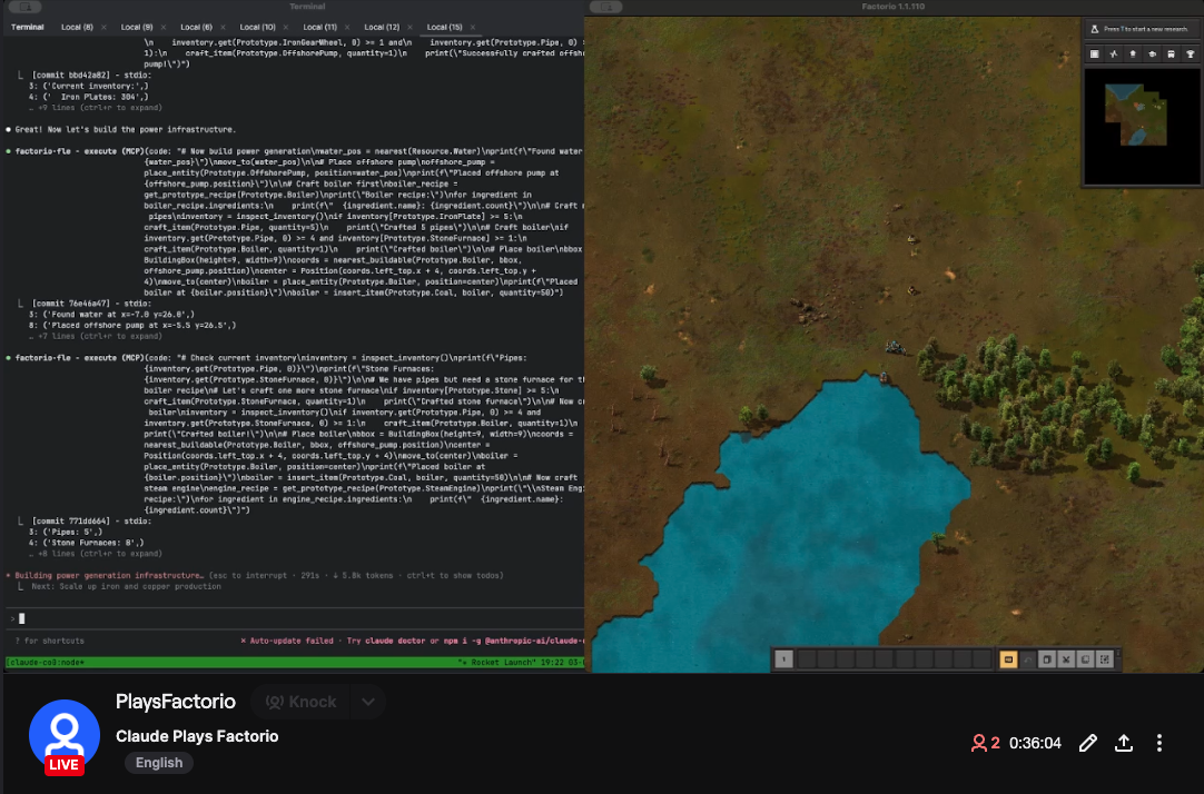 Claude Code Plays Factorio on Twitch